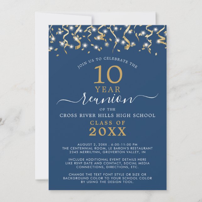 Class Reunion Blue Guld Confetti Streamers Inbjudningar (Framsida)