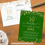 Class Reunion Grönt Guld Stars Ljus varje år Vykort<br><div class="desc">Modern och elegant återförening av vykort för alla år av återförening (visas för 10 år) med guld-stjärnor och ljus, handskriven manustypografi för elegant och anpassningsbar färg-bakgrund (visas i grönt) som du kan byta till temat party för färg eller färg. All text kan redigeras för att du ska kunna skapa en...</div>