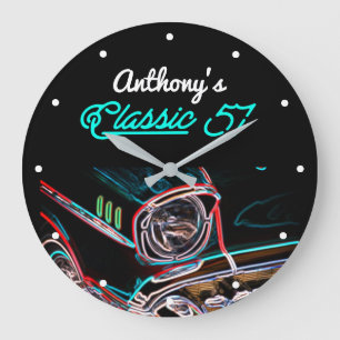 Classic 57 Chevy Neon Effect Script Black Retro Stor Klocka