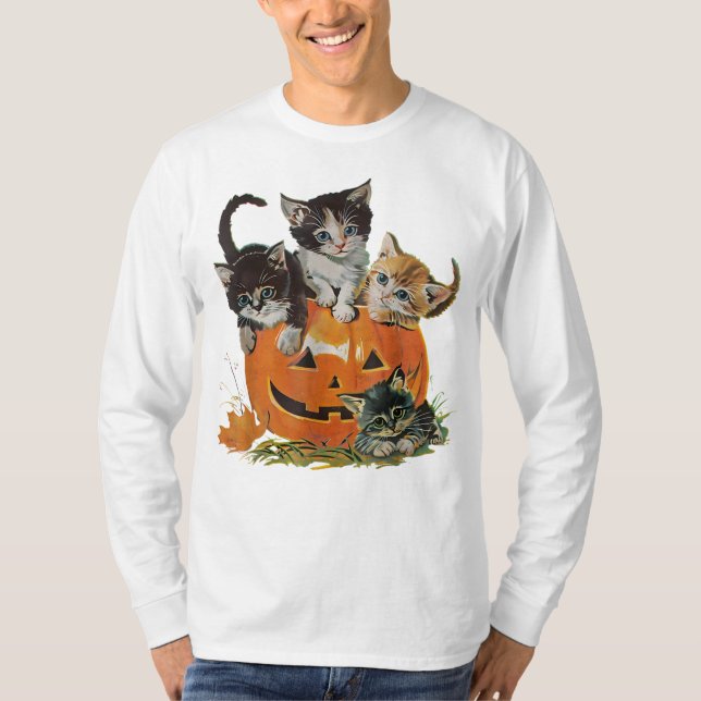 Classic 90s Cat Pumpkin Halloween Retro Floral Spo T Shirt (Framsida)