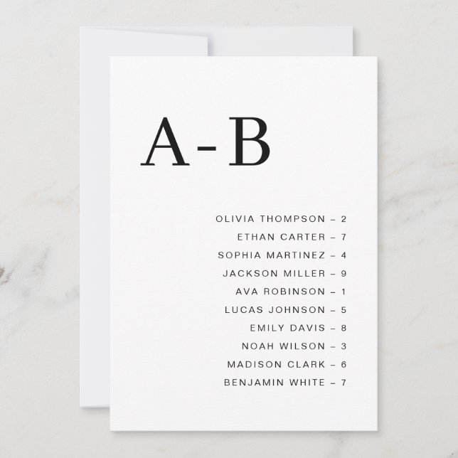 Classic Alphabetical Wedding Seating Chart Card Inbjudningar (Framsida)