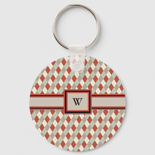 Classic Argyle, Red Tan Grönt Cream Monogrammed Nyckelring (Framsida)