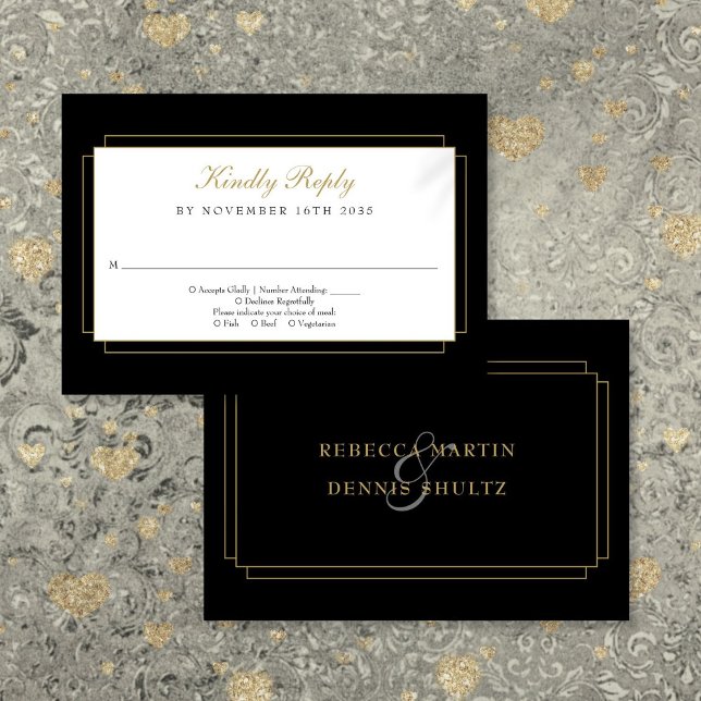 Classic Art Deco Black och Guld Bröllop OSA Kort (Classic Art Deco Black and Gold Wedding RSVP Card)
