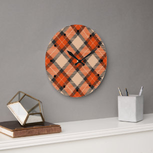 Classic Autumn Pumpkin Orange Brown Tartan Mönster Stor Klocka