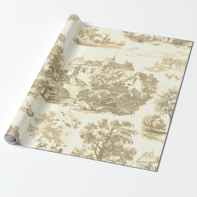 Classic Beige Guld Vintage Fransk Land Toile Presentpapper (Utrullad)