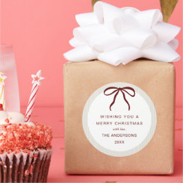 Classic Beige Stripes Red Bow Merry Christmas Runt Klistermärke