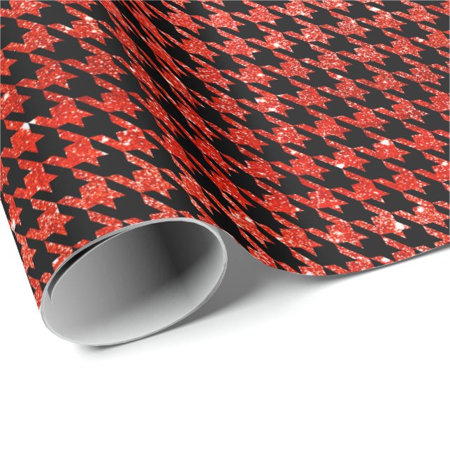 Classic Black and Glitter Red Houndstooth Pattern  Presentpapper (Rullad Hörn)