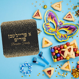 Classic Black and Guld Hebrew A Freilichen Purim Fyrkantigt Klistermärke