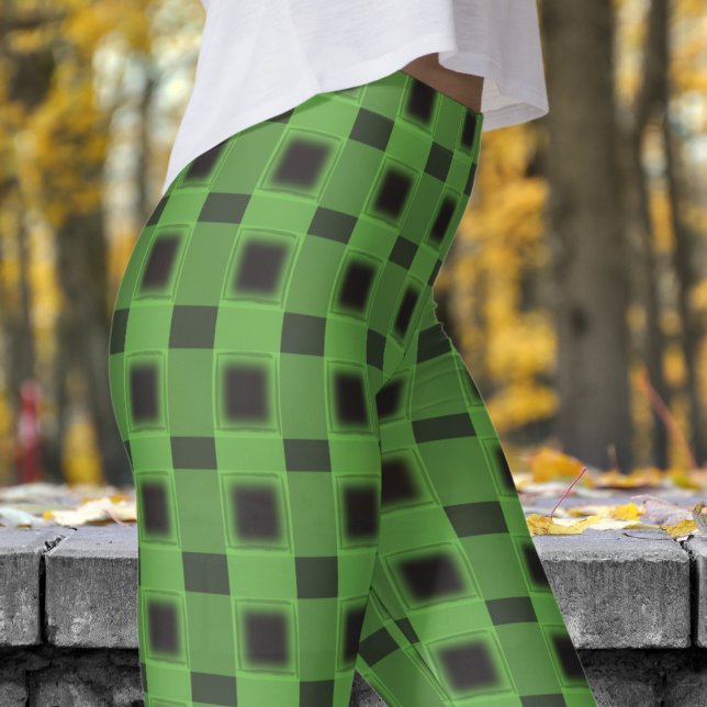 Classic Black and Kombu Grönt Check Mönster Leggings (Classic Black and Kombu Green Check Pattern Leggings)