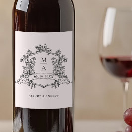 Classic Black and White Blommigt Vapensköld Bröllo Vinflaska Etikett