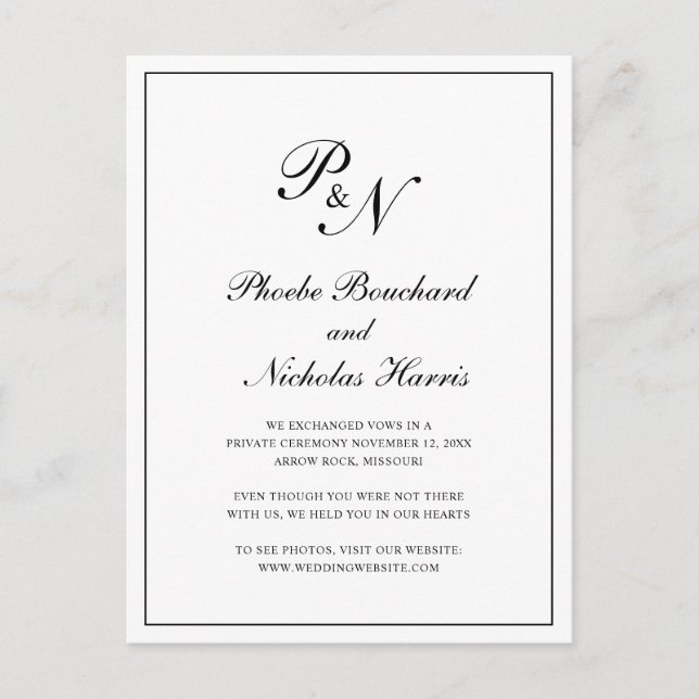 Classic Black and White Monogram Bröllop Elopement Meddelande Vykort (Framsida)