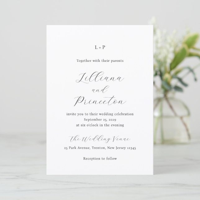 Classic Black and White Monogram Elegant Wedding Inbjudningar (Stående Fram)