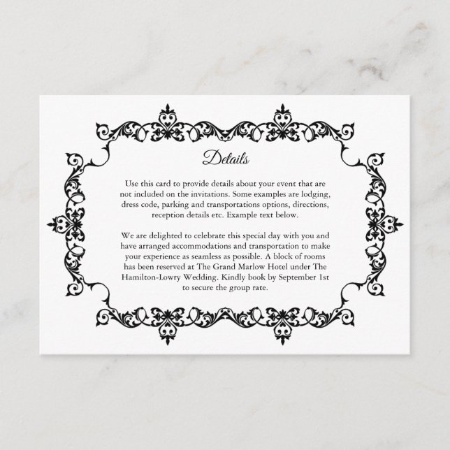 Classic  Black and White Ornately Framed Wedding Tilläggskort (Framsida)