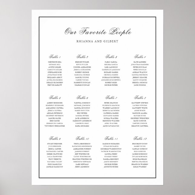Classic Black and White Wedding Seating Chart Poster (Framsidan)