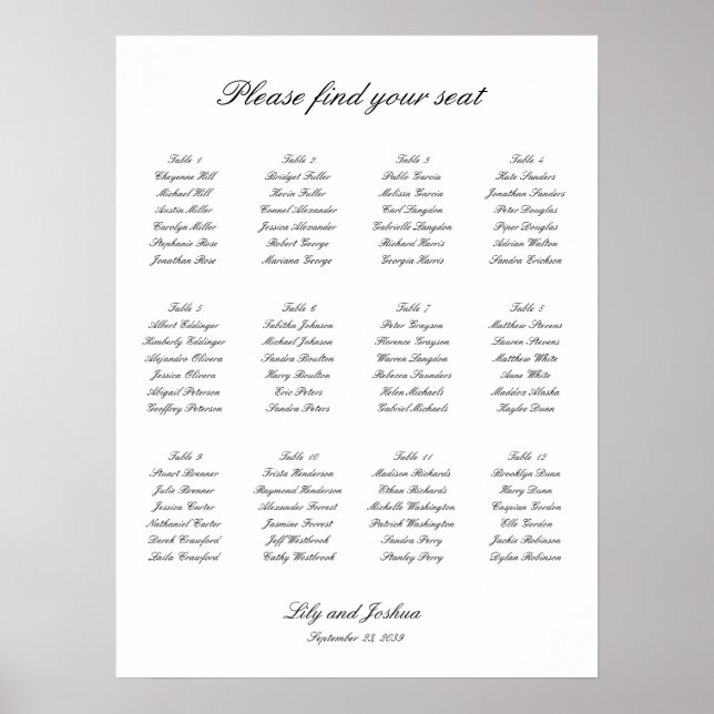 Classic Black and White Wedding Seating Chart Poster (Framsidan)