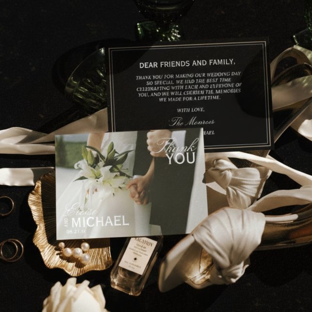 Classic Black Editorial Wedding Photo Thank You Tack Kort (Thank guests for celebrating your formal affair with this Classic Black Editorial Wedding Photo Card)