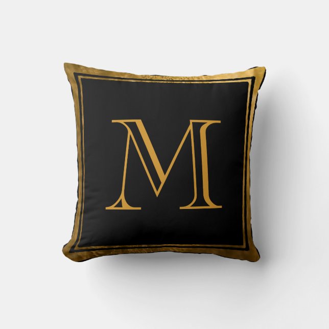 Classic Black Faux Gold Foil Monogram Dekorativ ku Kudde (Framsida)