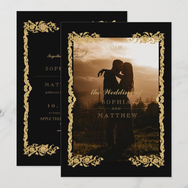 Classic Black Gold Frame⎮ Photo Wedding Invitation Inbjudningar (Fram/baksida)