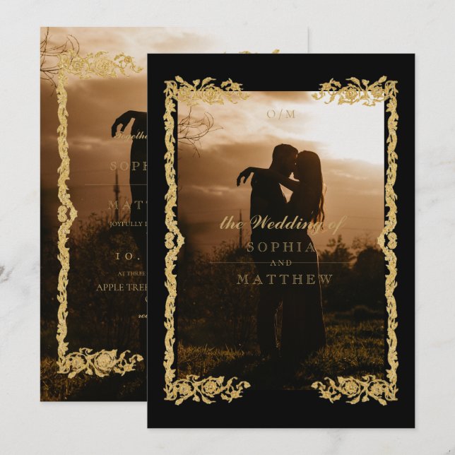 Classic Black Gold Photo Wedding Invitation Inbjudningar (Fram/baksida)