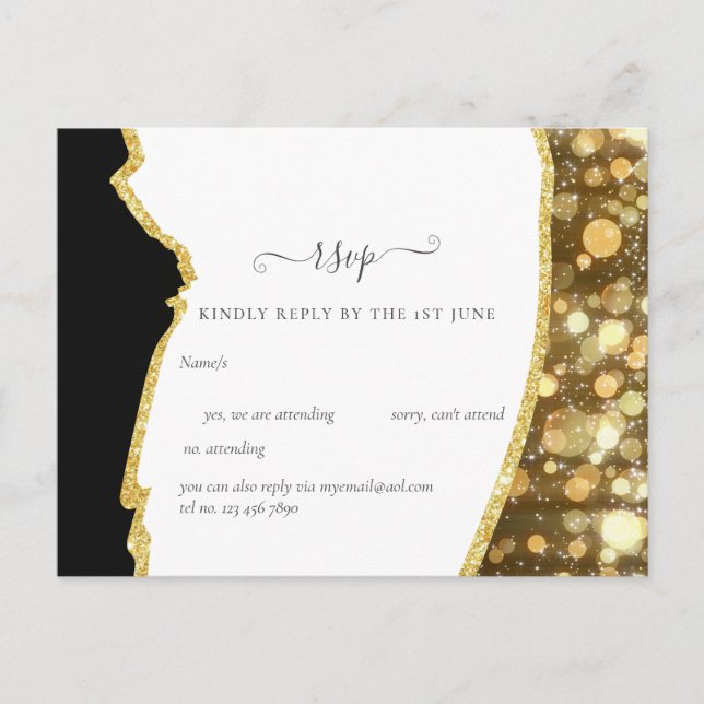 CLASSIC Black Guld Glitter Bröllop Vykort (Framsida)