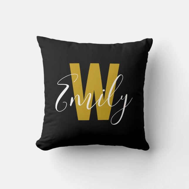 Classic Black Guld Monogram Kudde (Framsida)