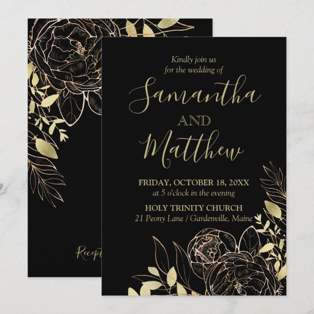 Classic Black & Guld Peony Modern Blommigt Bröllop Inbjudningar (Fram/baksida)