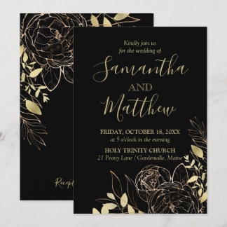 Classic Black & Guld Peony Modern Blommigt Bröllop Inbjudningar