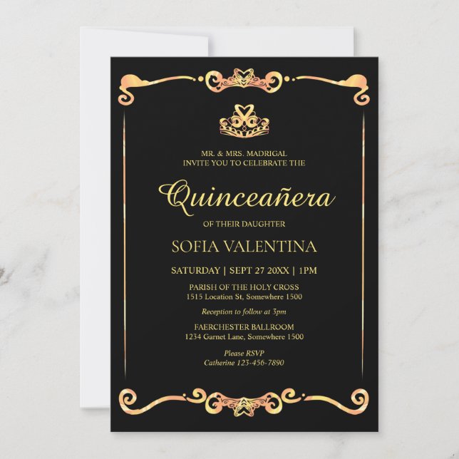 Classic Black Guld Quinceanera Inbjudningar (Framsida)