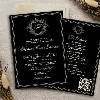 Classic black ivory QR formal monogram wedding  Inbjudningar