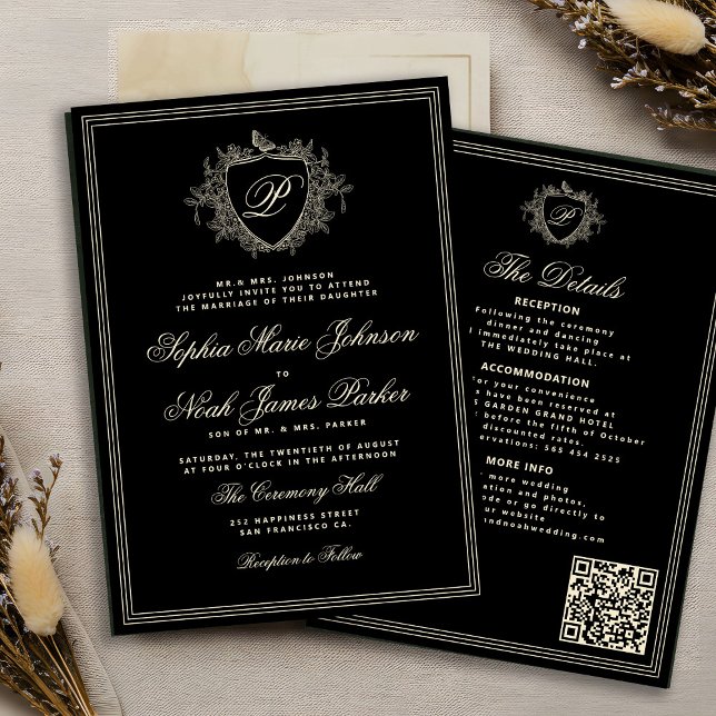 Classic black ivory QR formal monogram wedding  Inbjudningar (Skapare uppladdad)
