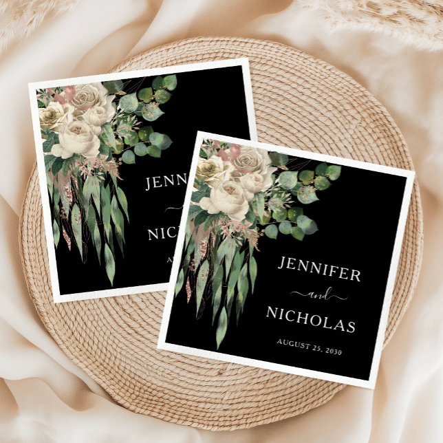 Classic Black Peonies Bröllop Pappersservett (Classic Black Peonies Wedding Napkins)