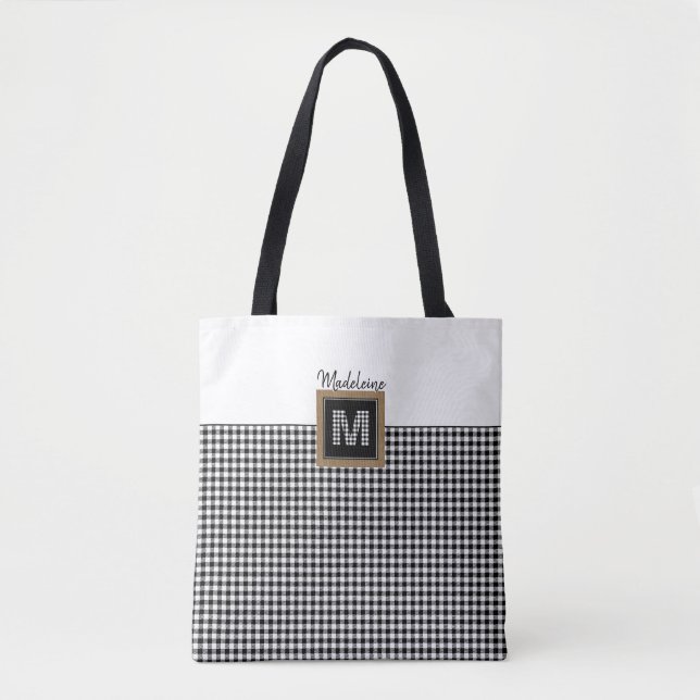 Classic Black & White Check Gingham Play Monogram Tygkasse (Framsida)