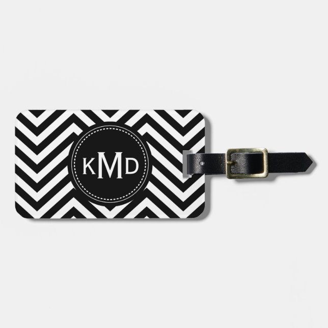 Classic Black White Chevron Trio Monogram Bagagebricka (Horisontell Framsida)