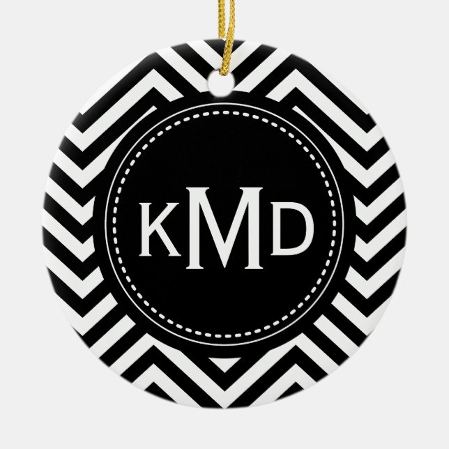 Classic Black White Chevron Trio Monogram Julgransprydnad Keramik (Framsidan)