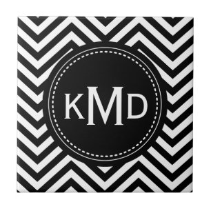 Classic Black White Chevron Trio Monogram Kakelplatta