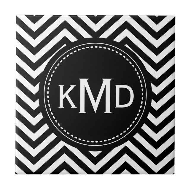 Classic Black White Chevron Trio Monogram Kakelplatta (Framsidan)
