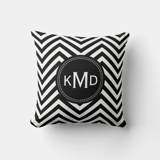 Classic Black White Chevron Trio Monogram Kudde (Framsida)