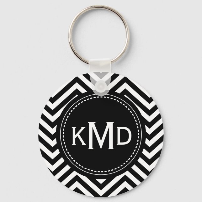 Classic Black White Chevron Trio Monogram Nyckelring (Framsida)