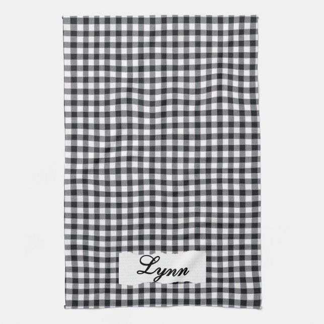 Classic Black & White Gingham | Personalized Name Kökshandduk (Vertikal)