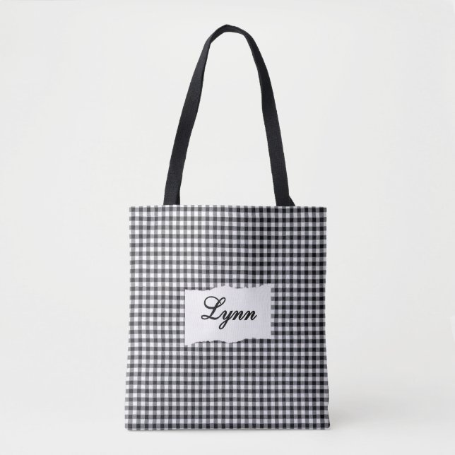 Classic Black & White Gingham | Personalized Name Tygkasse (Framsida)