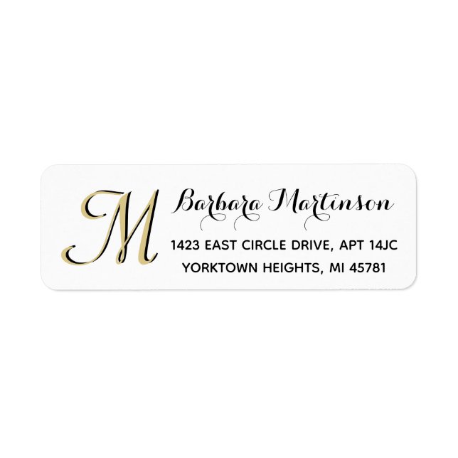 Classic Black White Guld Anpassningsbar Monogram Returadress Etikett (Framsidan)