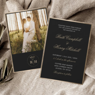 Classic Black White & Guld Monogram Bröllop Inbjudningar