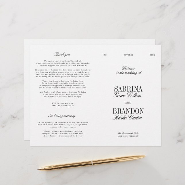 Classic Black & White Modern Wedding Program (Fram/Back In Situ)