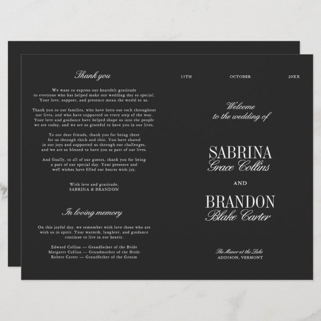 Classic Black & White Modern Wedding Program (Fram/baksida)
