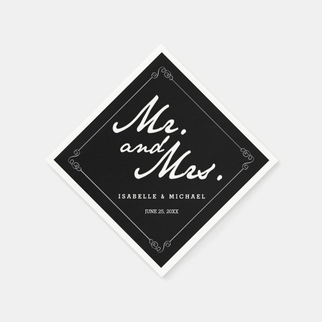 Classic Black & White Mr & Mrs Bröllop Napkins Pappersservett (Hörn)