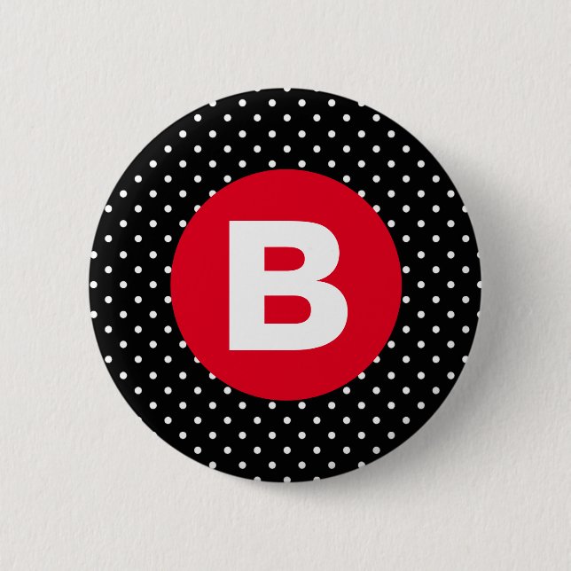 Classic Black & White Polka Dot with Red Monogram Knapp (Framsida)