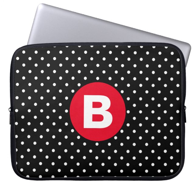 Classic Black & White Polka Dot with Red Monogram Laptop Fodral (Framsidan)
