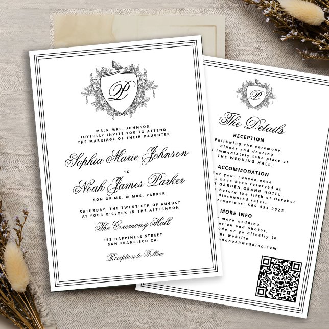 Classic black white QR formal monogram wedding  Inbjudningar (Skapare uppladdad)