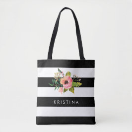 Classic Black White Rand Blommigt Shopping bag Tygkasse