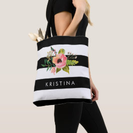 Classic Black White Rand Blommigt Shopping bag Tygkasse